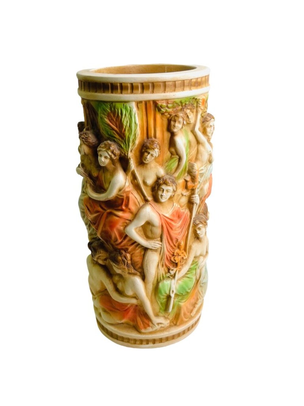 Vintage Chalkware Vase Roman Bath Garden or Bacchanalian Festival 11" x 4.5"